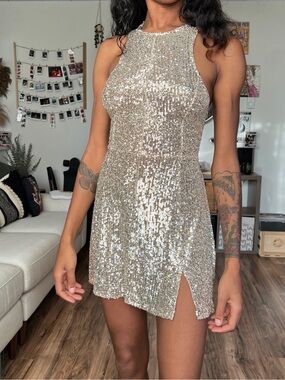 Free People Gold Sequin Halter Dress
